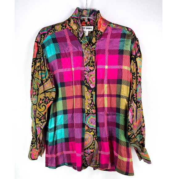 Exit Shops Tops - Exit Shops Gorgeous Paisley and Plaid Long Sleeve Rayon Blouse Size M Hot Pink